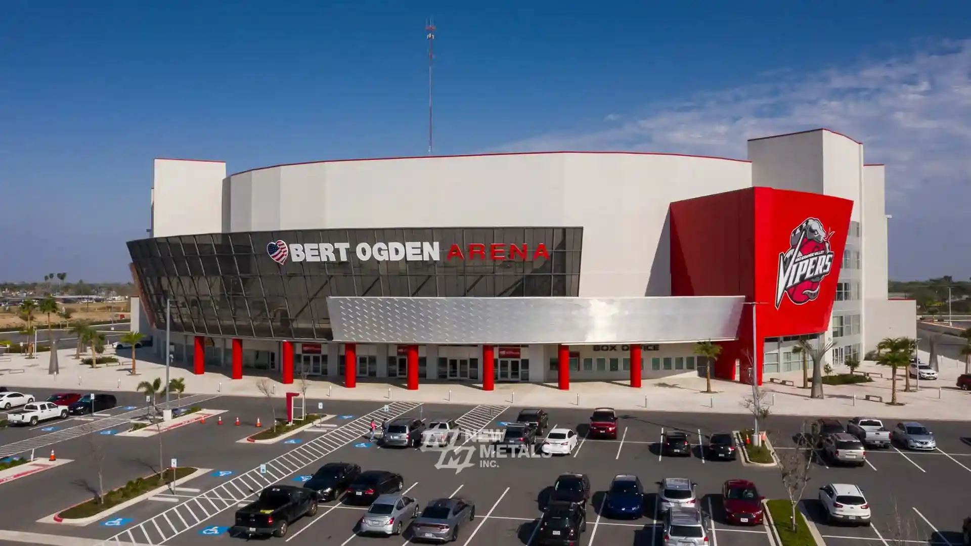 Bert Ogden Arena exterior with parking lot.