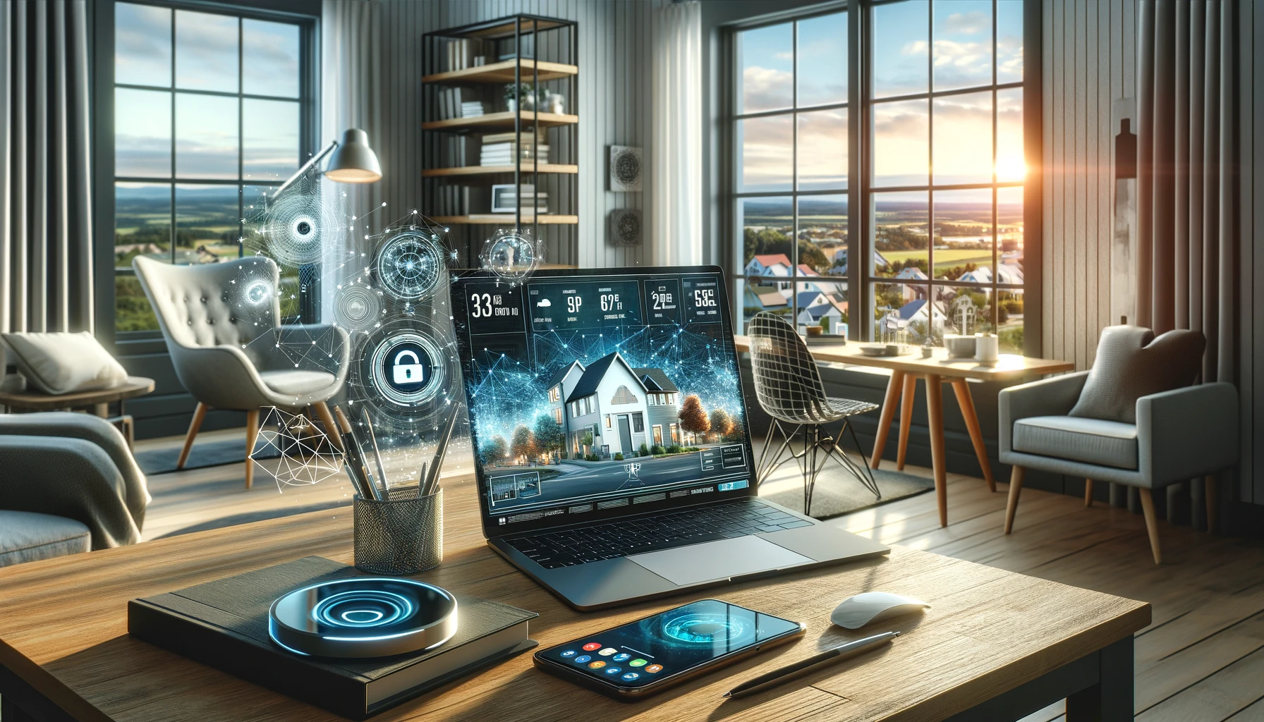 Modern home office setup featuring high-speed internet equipment, a sleek laptop, and a smart home device, with a scenic view of a small town visible through the window, emphasizing the integration of advanced technology in everyday life.