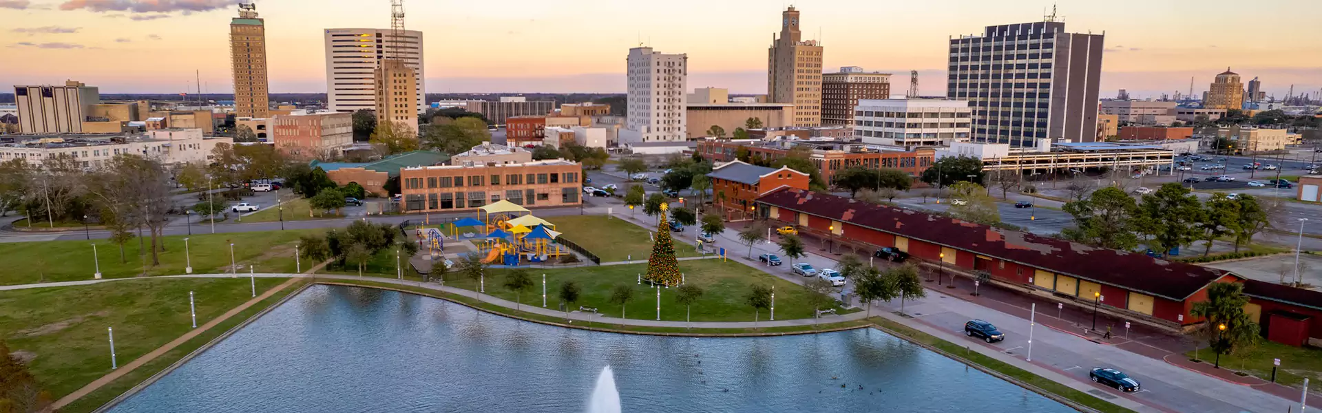 Aerial view of a city park and skyline.
