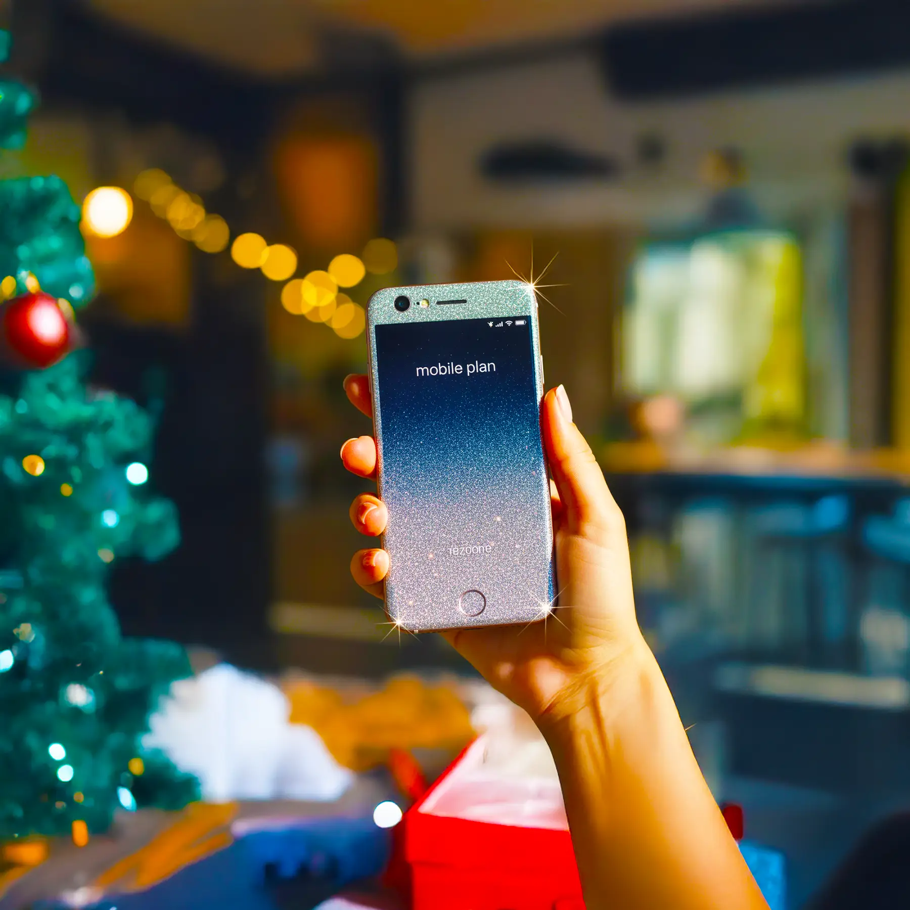 Person holding phone displaying mobile plan information.